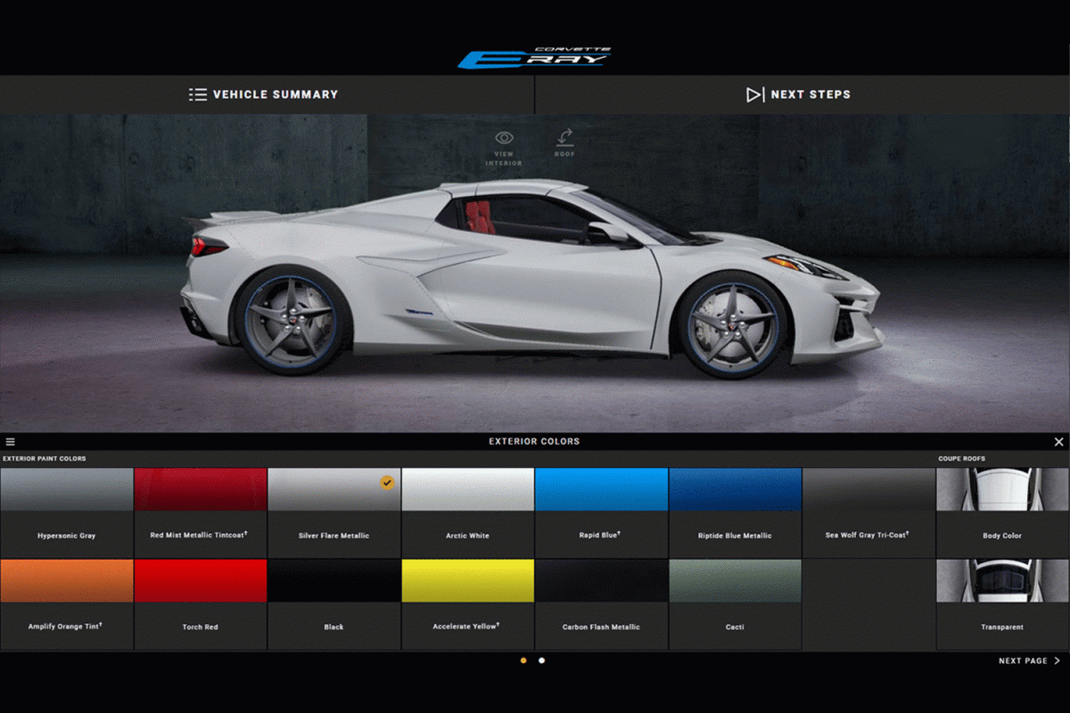 The online visualizer for the 2024 Chevrolet Corvette E-Ray, a hybrid version of the sports car, that was leaked in December 2022