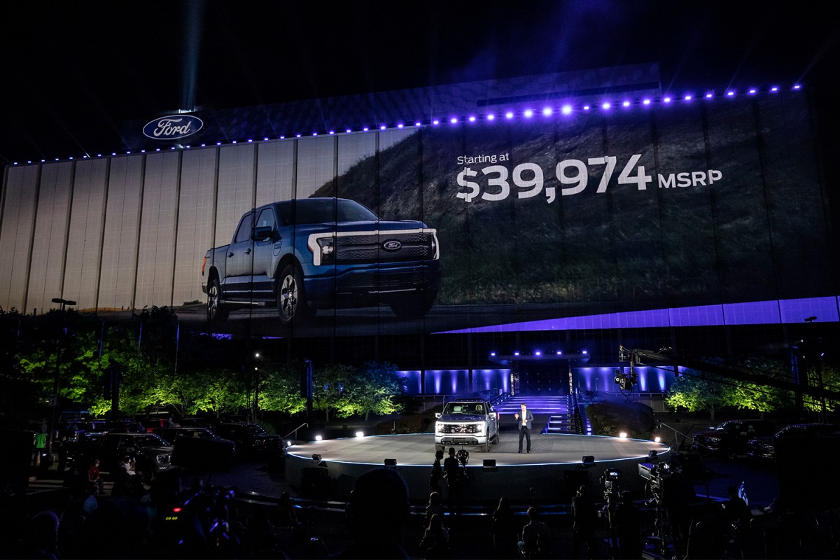 The F-150 Lightning at the unveiling event at Ford World Headquarters in Dearborn, Michigan, on May 19, 2021