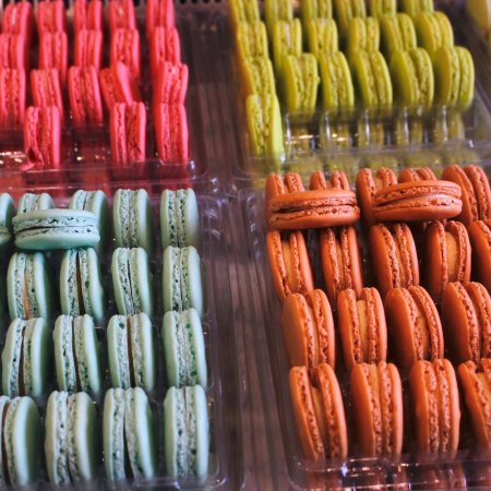 rows of macarons at bakery gaby et jules