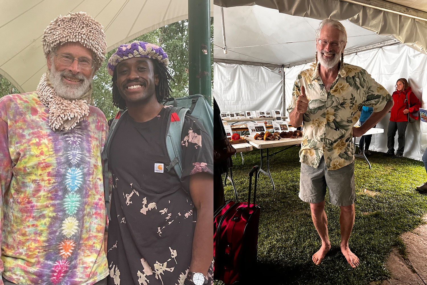 Mushroom guru Larry Evans and writer Joe Kanzangu (left); Evans without his shoes on at the Telluride Mushroom Festival (right)