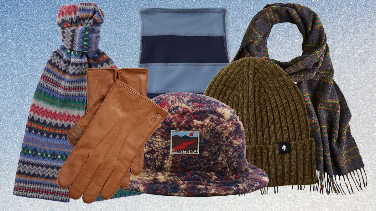 A collage of the best winter gifts for men on a grey background