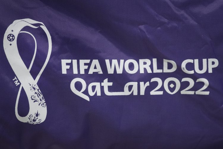 The official FIFA World Cup Qatar 2022 logo seen during a match.