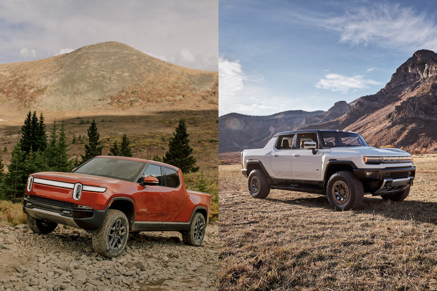 The Rivian R1T (left) and the GMC Hummer EV Pickup (right), two of the electric trucks available to U.S. buyers alongside the Ford F-150 Lightning