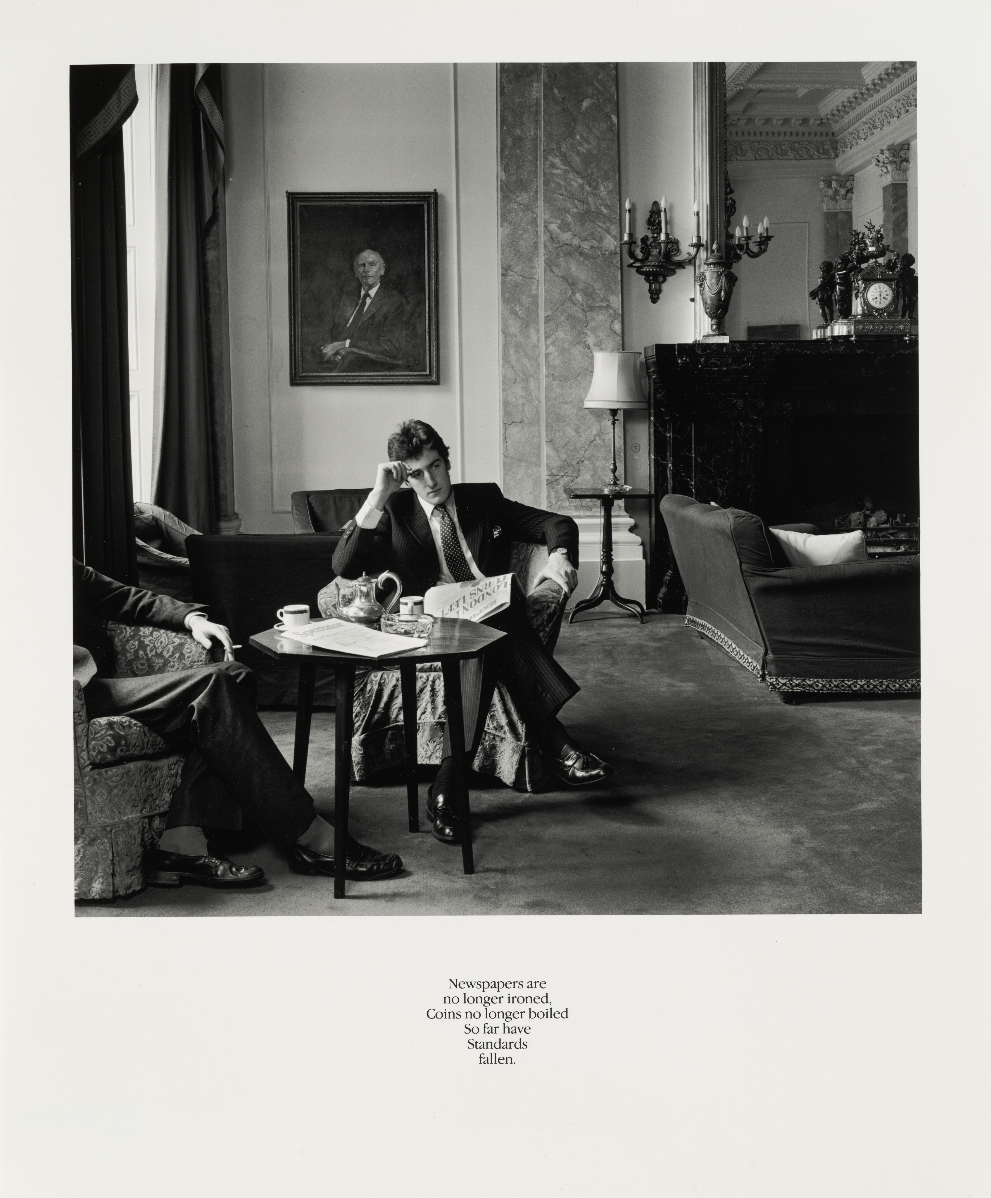 Newspapers are no longer ironed, Coins no longer boiled So far have Standards Fallen from the series Gentlemen, 1981 - 1983, printed 2015 gelatin silver print image: 40.6 × 40.5 cm (16 × 15 15/16 in.) sheet: 61.5 × 50.7 cm (24 3/16 × 19 15/16 in.) mat: 71 × 55.8 cm (27 15/16 × 21 15/16 in.) National Gallery of Art, Washington, Alfred H. Moses and Fern M. Schad Fund