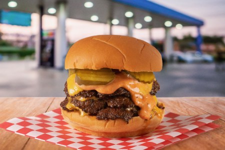 The NFA Burger, a smash burger created by Billy Kramer that can be found at a Chevron gas station in a suburb of Atlanta, Georgia