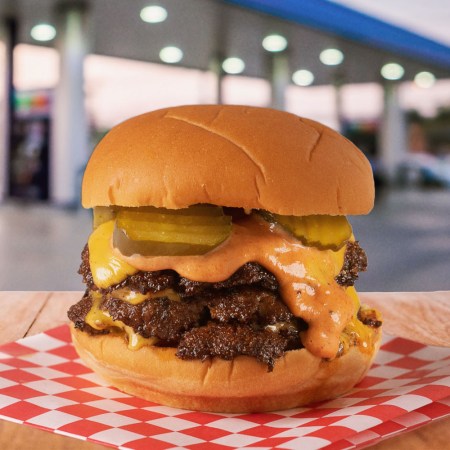 The NFA Burger, a smash burger created by Billy Kramer that can be found at a Chevron gas station in a suburb of Atlanta, Georgia