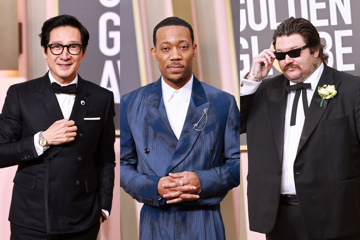 a collage of the best menswear from the Golden Globes.