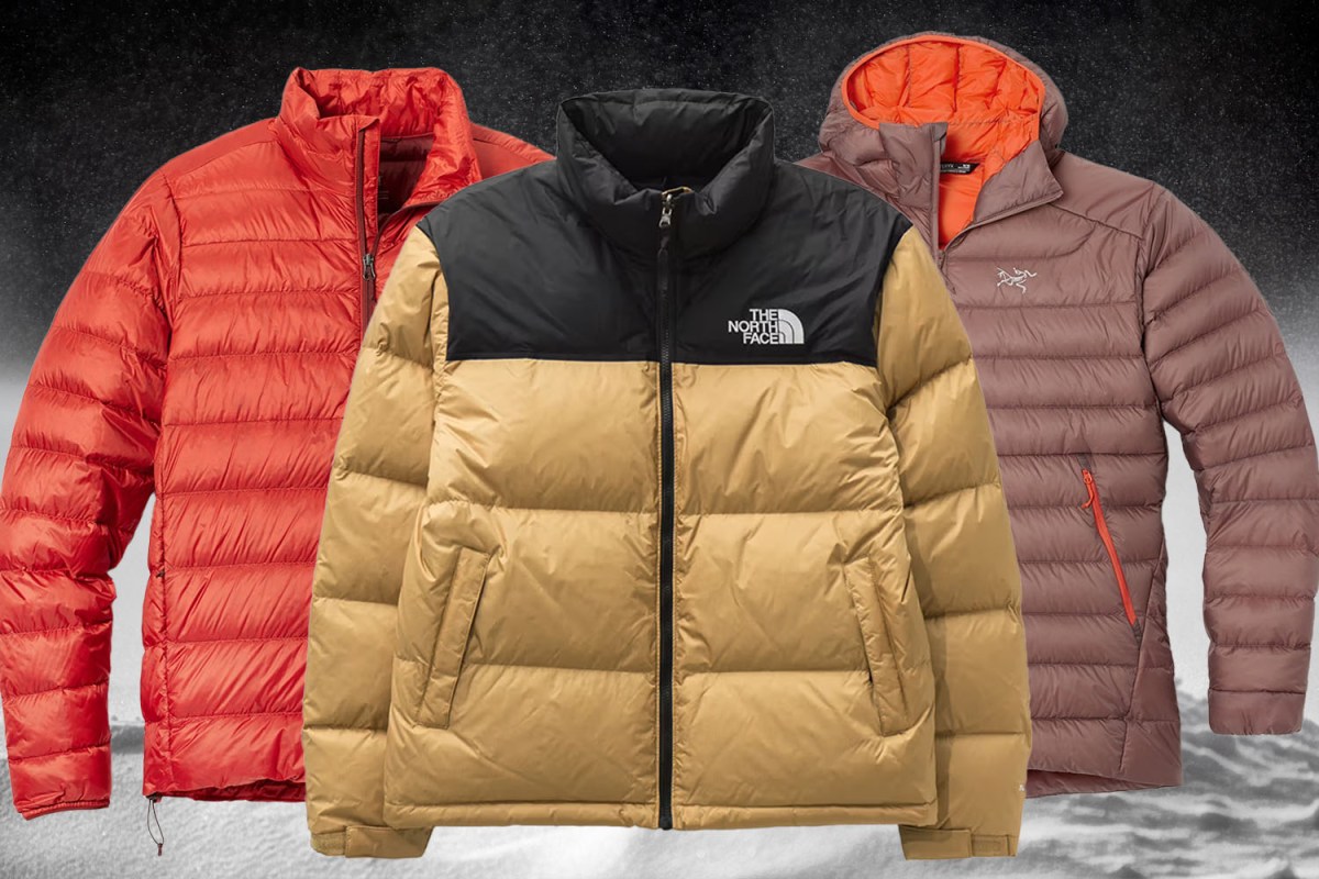 A collage of the best men's puffer jackets on a white and black snow background