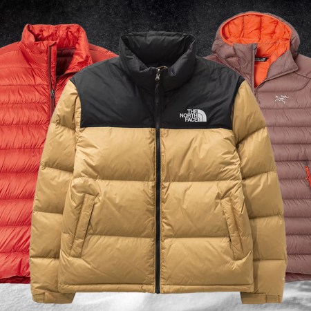 A collage of the best men's puffer jackets on a white and black snow background