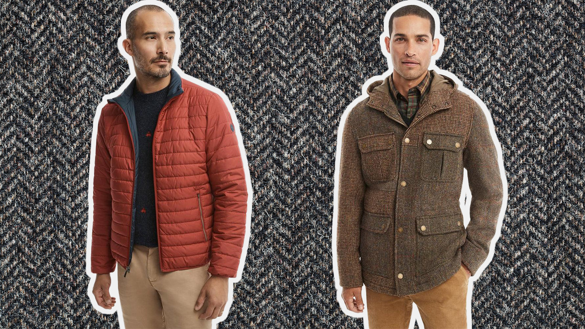 a collage of Brooks Brothers model on a tweed background