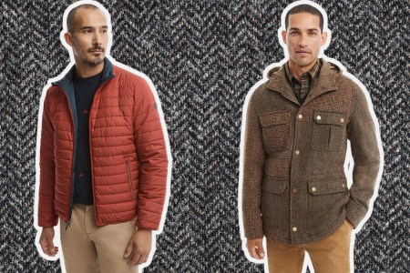 a collage of Brooks Brothers model on a tweed background