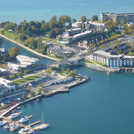 An aerial photo of Lake Charlevoix in Michigan where a Prohibition-era floating speakeasy called the "Keuka" sunk