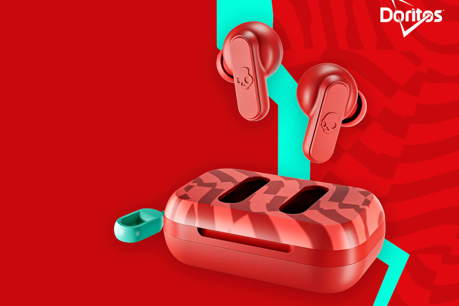 a pair of Skullcandy x Doritos headphones on a red background