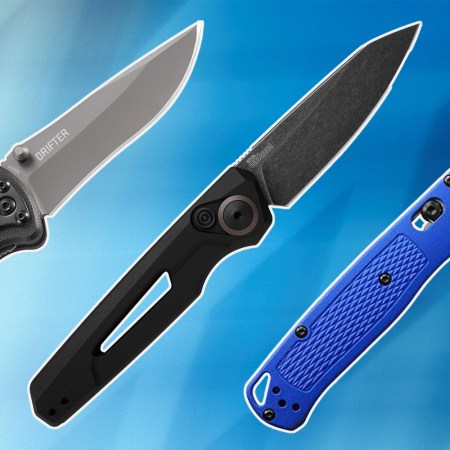 a collage of EDC pocket knives on a blue background