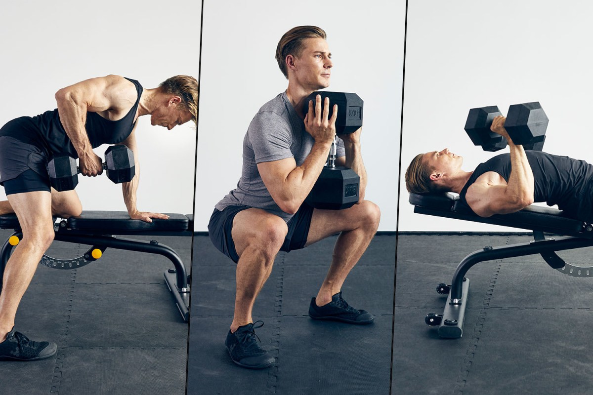 Different workout postures, including squats and benchpresses