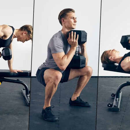 Different workout postures, including squats and benchpresses