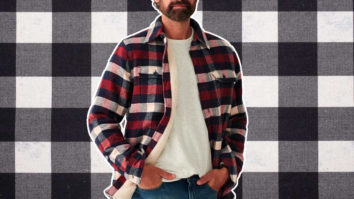 Faherty High Pile Fleece Plaid CPO on a black and white plaid background