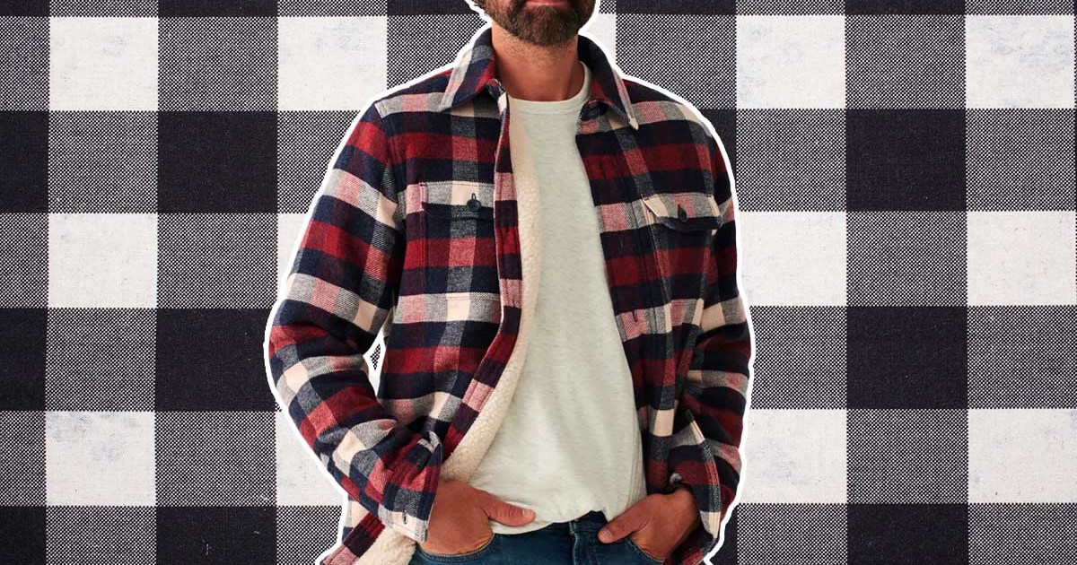 Faherty High Pile Fleece Plaid CPO on a black and white plaid background