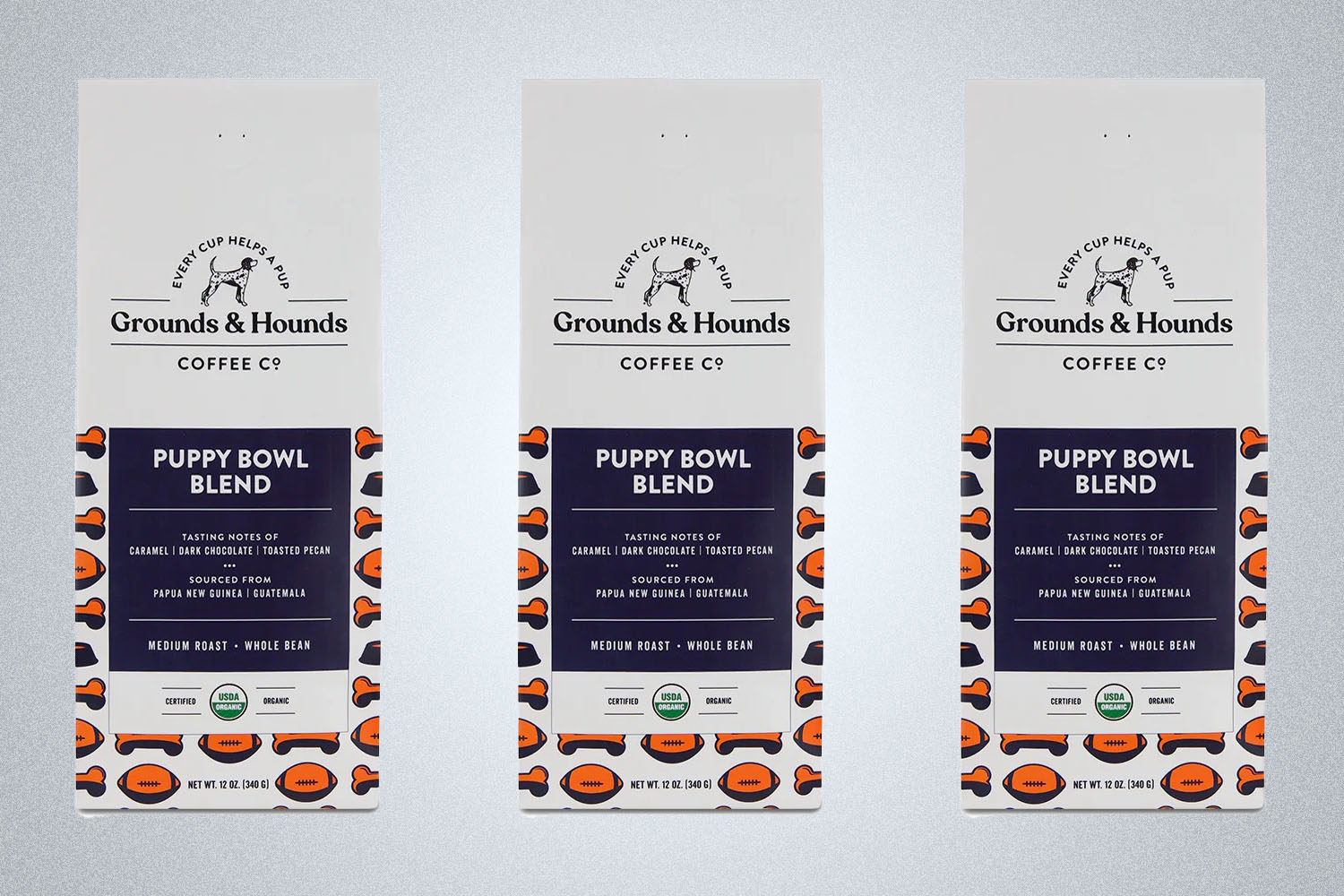 a bag of Grounds & Hounds Coffee Co. Puppy Bowl Blend on a grey background
