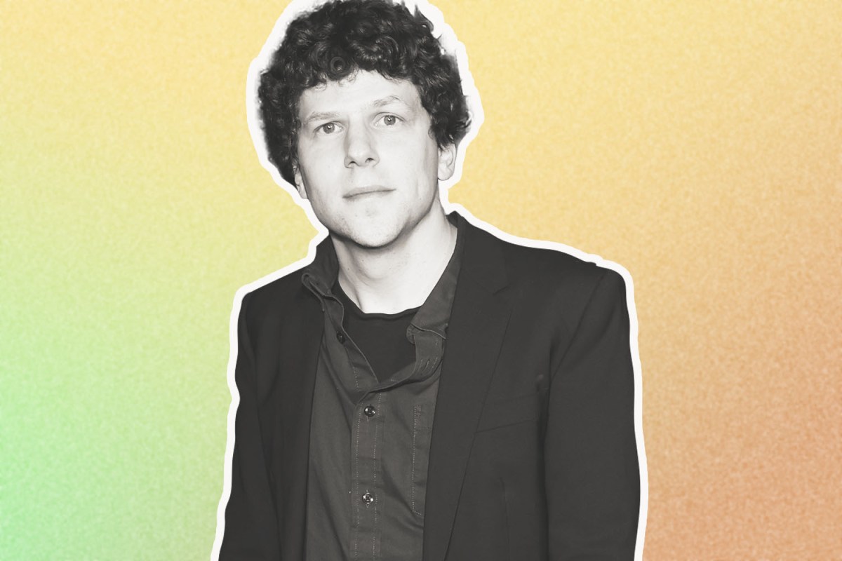 A black and white photo of Jesse Eisenberg superimposed on a colorful background.
