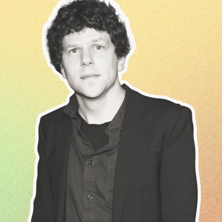 A black and white photo of Jesse Eisenberg superimposed on a colorful background.