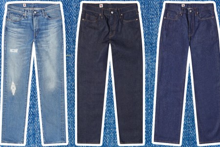 a collage of Levi's jeans on a light blue background