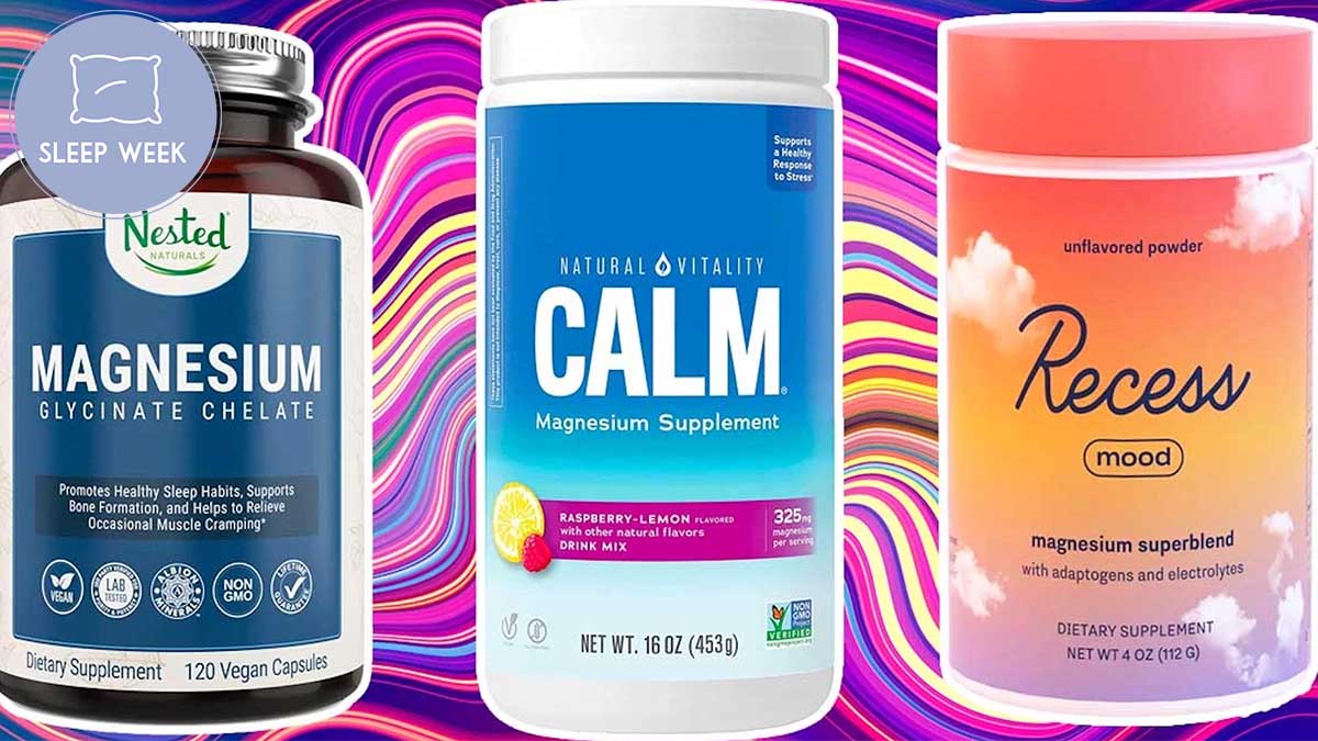 Three magnesium supplements on a groovy background