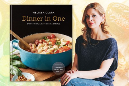 melissa clark headshot next to dinner in one cookbook