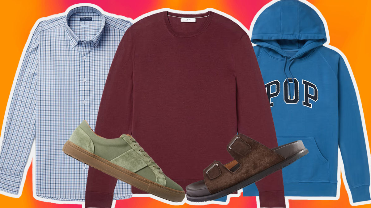 a collage of Mr Porter sale items on a red/orange background