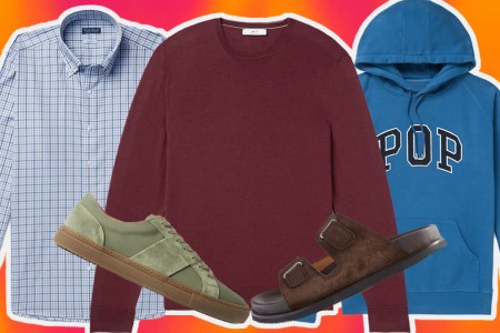 a collage of Mr Porter sale items on a red/orange background