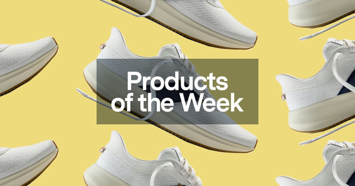 a collage of Tracksmith running shoes on a yellow background overlayed with the Products of the Week logo