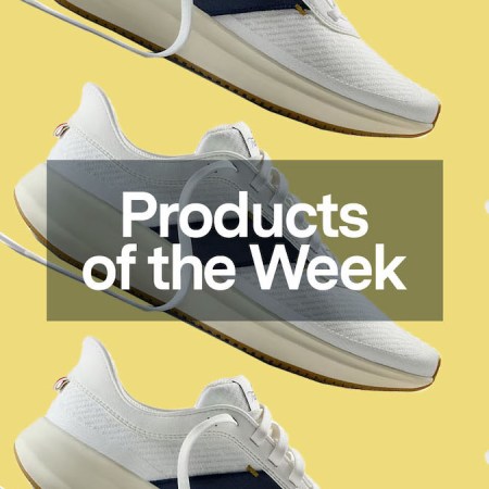 a collage of Tracksmith running shoes on a yellow background overlayed with the Products of the Week logo