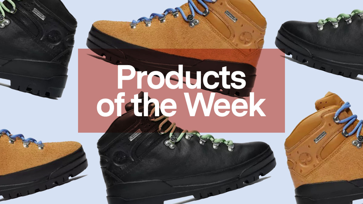 a collage of Stussy x Timberland boots with the products of teh week graphic overlayed