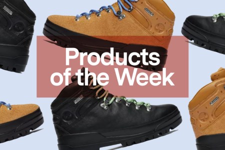 a collage of Stussy x Timberland boots with the products of teh week graphic overlayed