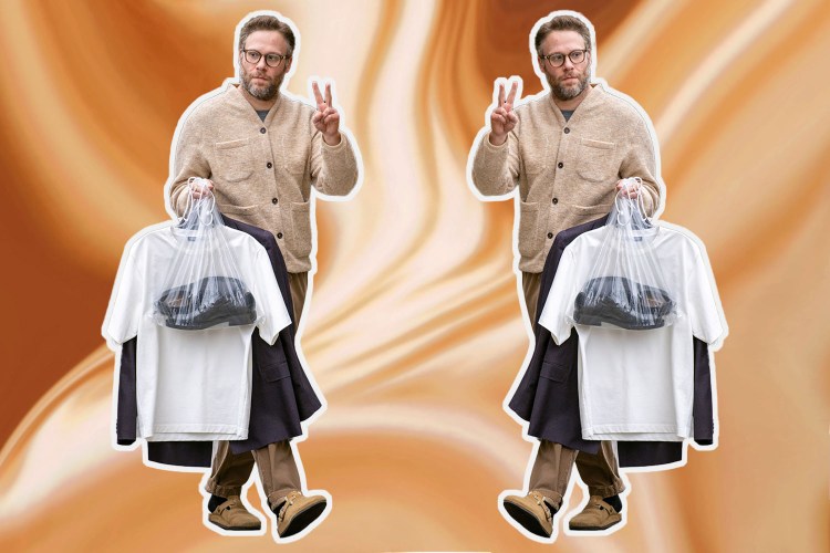 Seth Rogen in a beige outfit on a coffee-colored background