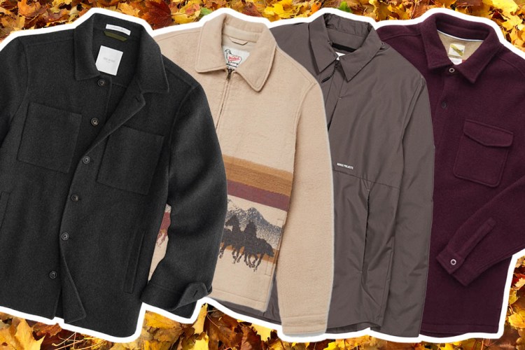 a collage of the best shirt jackets for men on a leafy background
