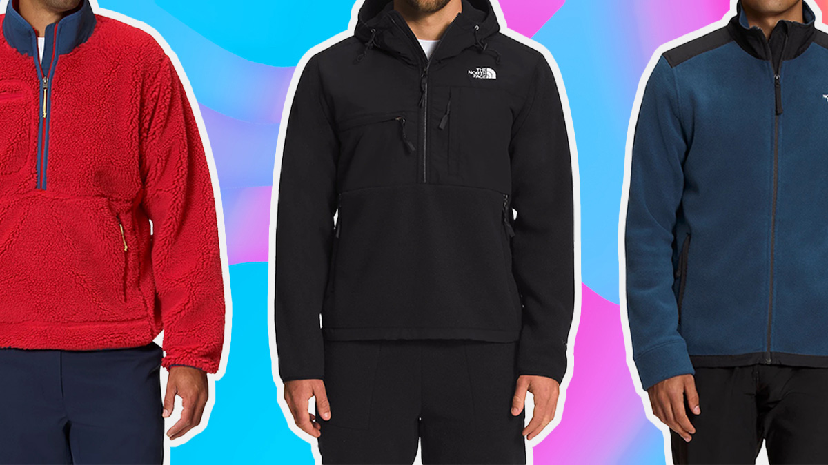 a collage of models in The North Face fleeces on a grey background