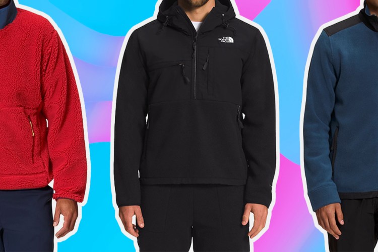 a collage of models in The North Face fleeces on a grey background