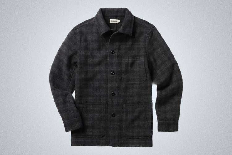 A grey wool Taylor Stitch jacket on a grey background