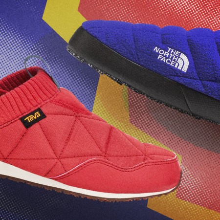 a collage of the Teva and North Face outdoor slippers on a red and blue background