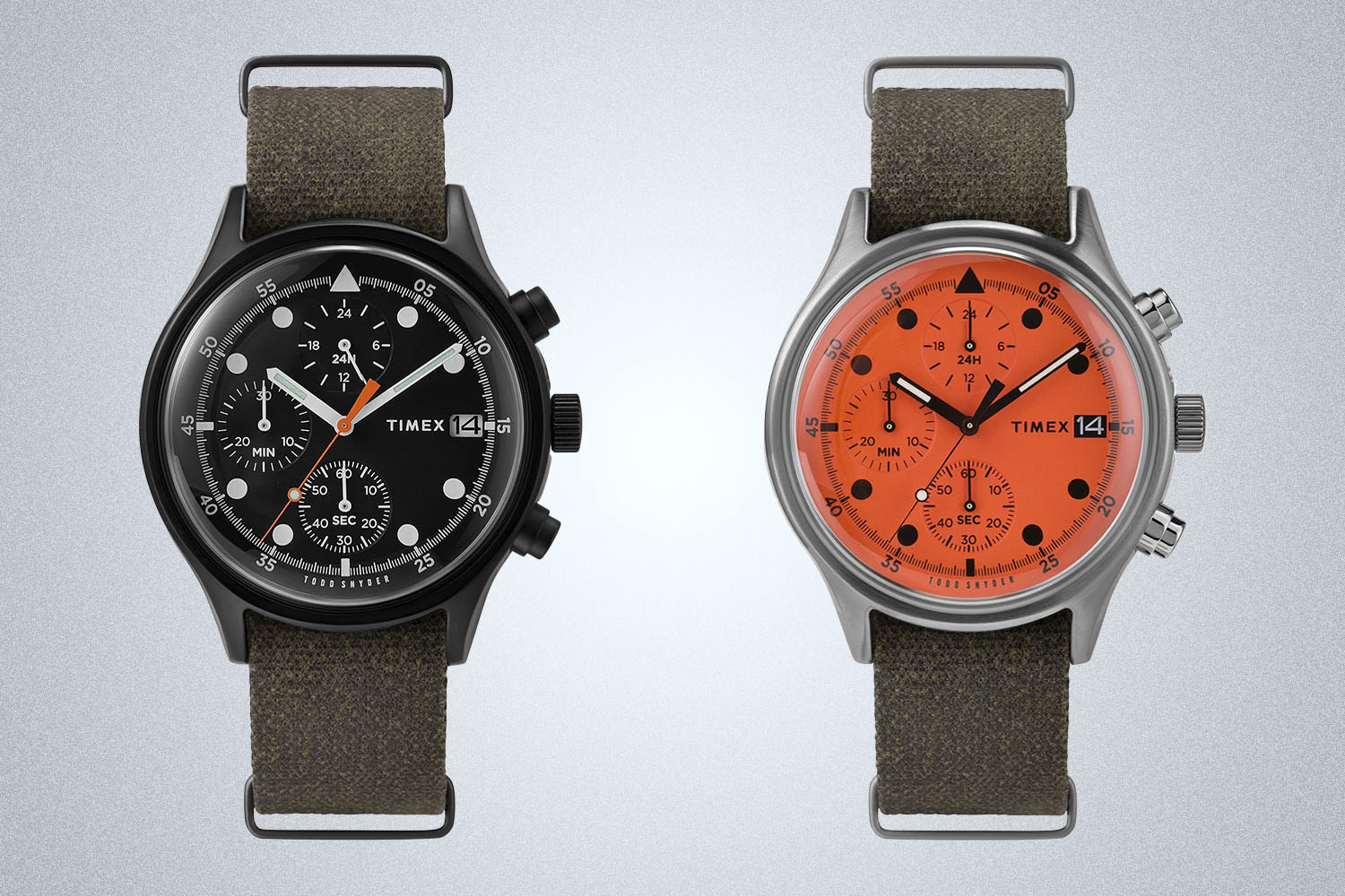 Two Timex x Todd Snyder MK-1 Sky King watches on a grey background