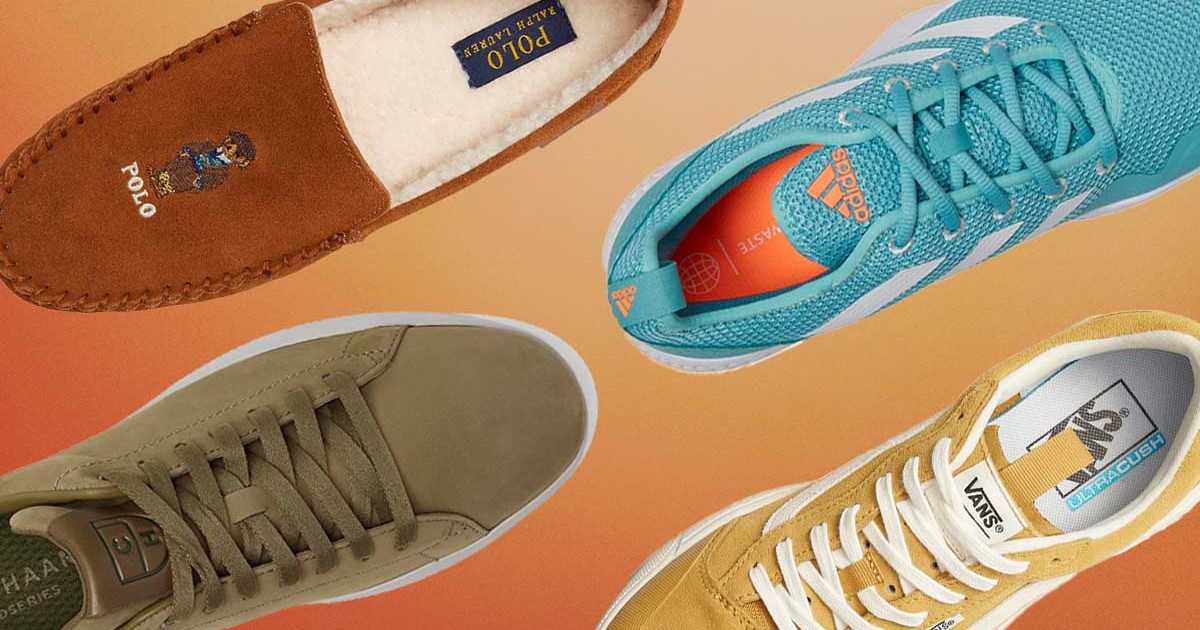 A collection of shoes, all up to 70% off at Zappos, on an orange background