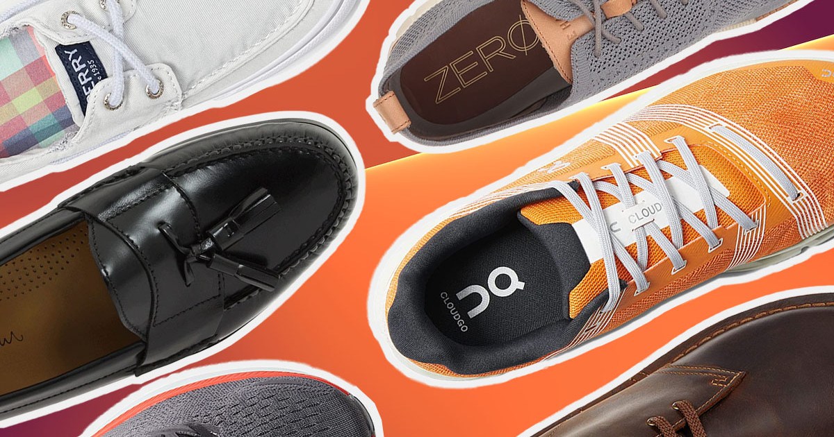 a collage of footwear from the Zappos shoe sale on an orange background