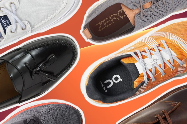 a collage of footwear from the Zappos shoe sale on an orange background