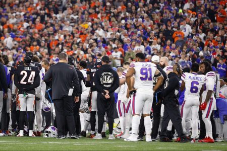 The Bengals and Bills watch Damar Hamlin being attended to after the NFL player suffered cardiac arrest on January 2