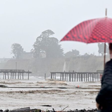 The pier at Capitola Wharf is seen split in half in Aptos, California on January 9, 2023.