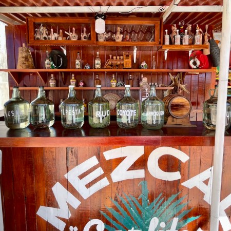 jogs of mezcal sitting on a wooden bar at carlitos mezcal