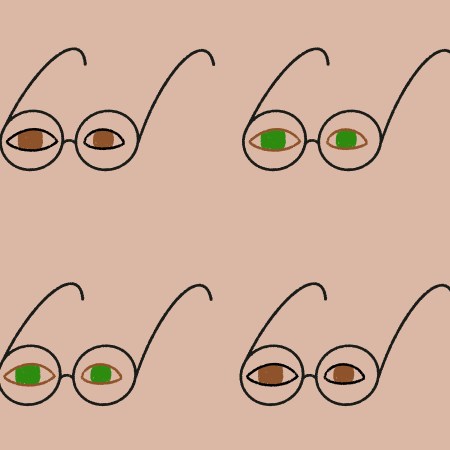 An illustration of different colored eyes in various spectacles.