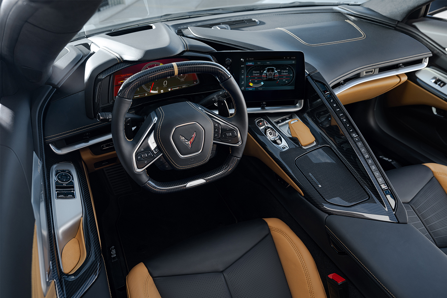 The interior of the new 2024 Chevrolet Corvette E-Ray, the first hybrid and all-wheel-drive Corvette