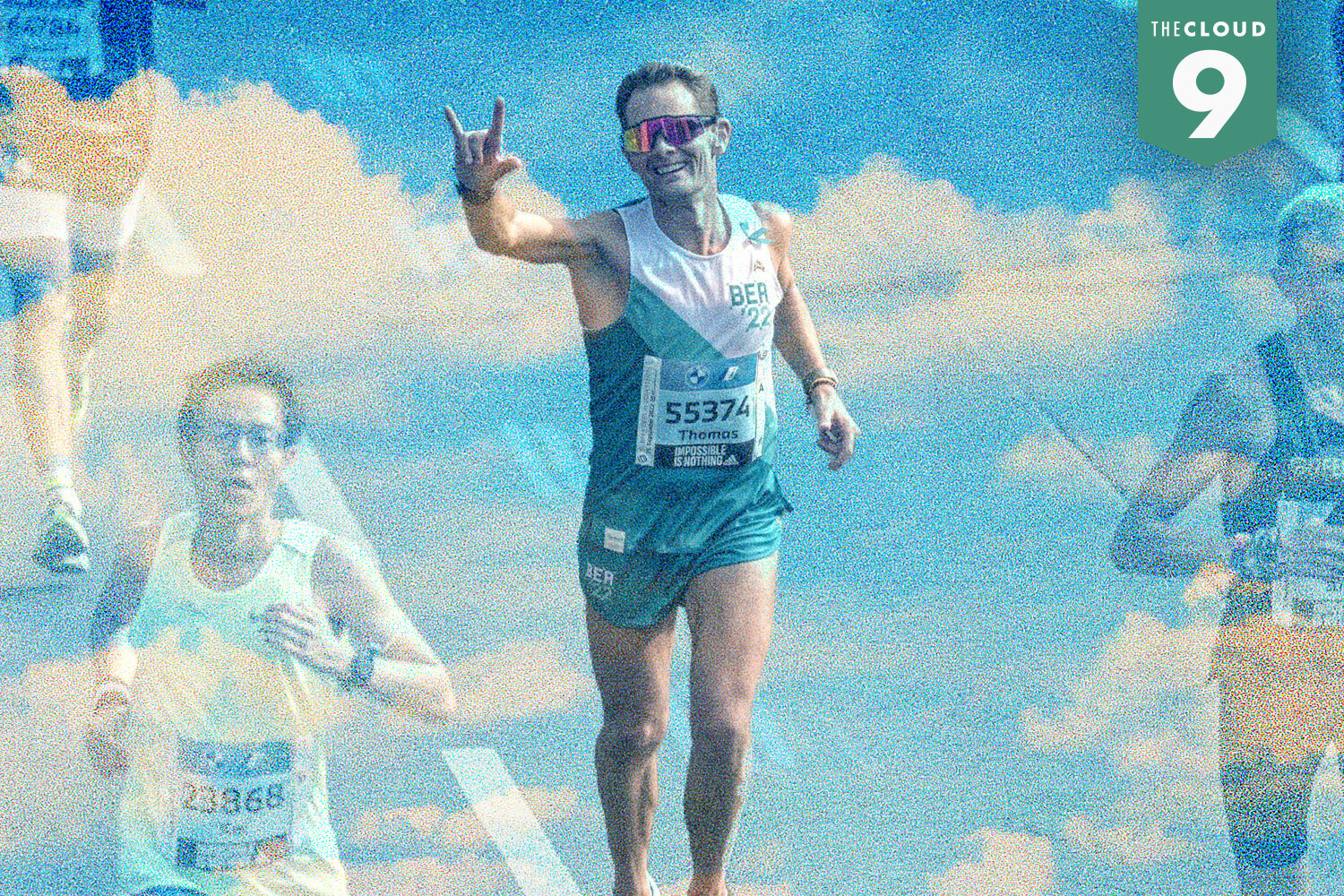 A photo of German marathoner Thomas Eller against a background of blue skies.